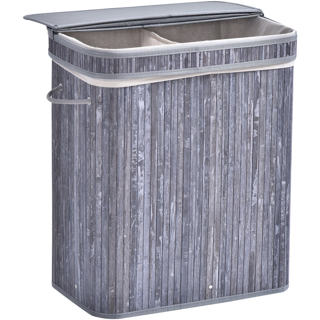 Wooden Laundry Basket w/ Split Compartment Clothes Storage- Grey