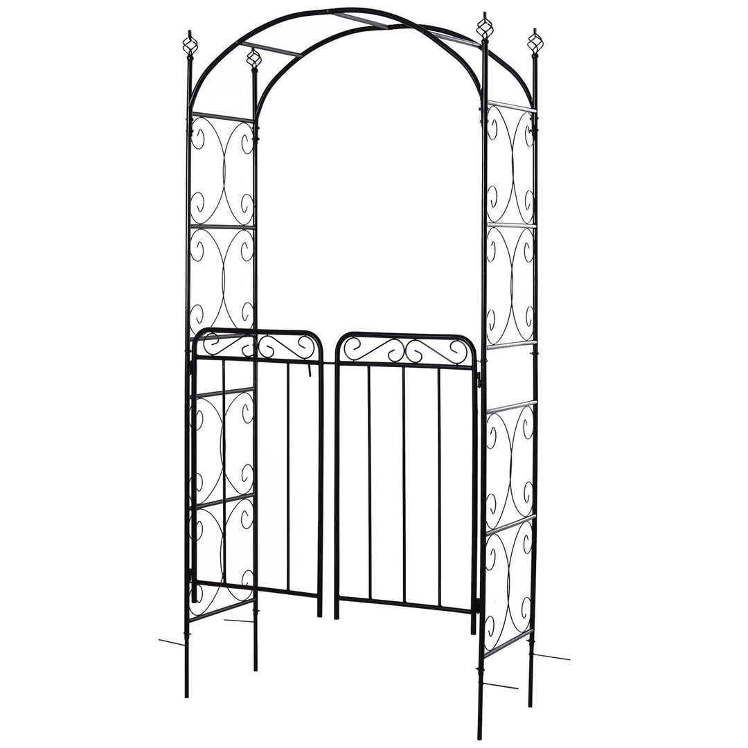 Garden Decorative Metal Arch with Gate Outdoor Patio Trellis Arbor for Climbing Plant Archway Antique Black - 108L x 45W x 215Hcm