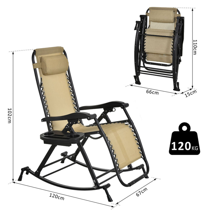 Outdoor Rocking Chair Folding Recliner Adjustable Sun Lounger with Headrest Side Holder Patio Deck - Beige