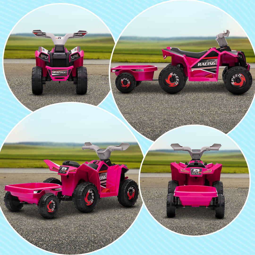 6V Quad Bike with Back Trailer, Wear-Resistant Wheels for Ages 18-36 Months, Pink