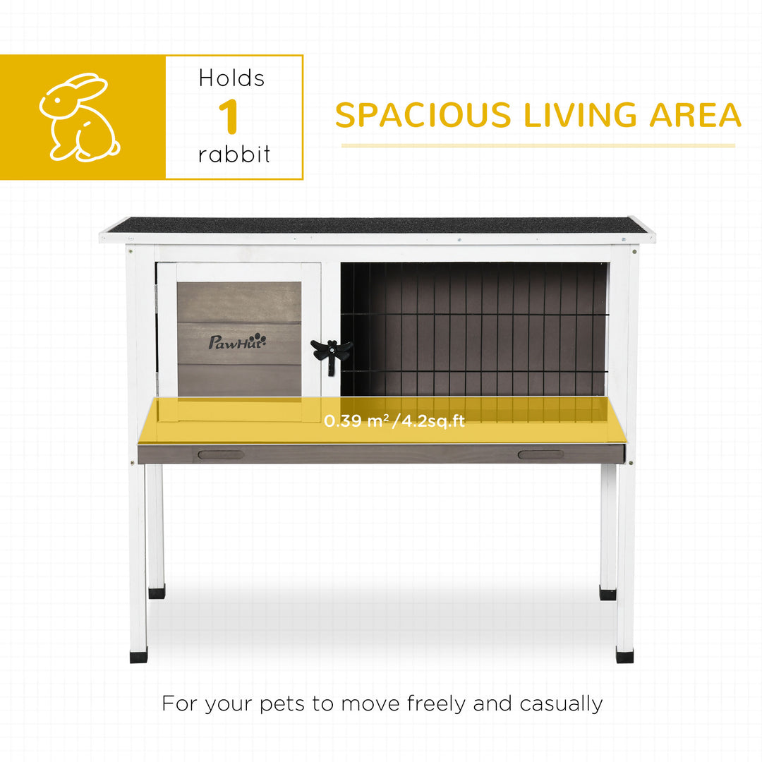 PawHut Elevated Wooden Rabbit Hutch, Indoor/Outdoor Bunny Cage with Hinged Asphalt Roof and Removable Tray for Guinea Pig, Brown