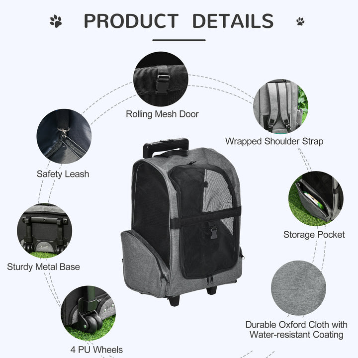 PawHut Pet Travel Backpack Bag Cat Puppy Dog Carrier w/ Trolley and Telescopic Handle Portable Stroller Wheel Luggage Bag, Grey