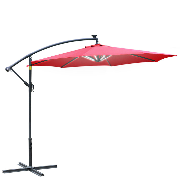 3m LED Patio Banana Umbrella Cantilever Parasol w/ Crank Cross Base Hanging Offset Umbrella Frame Steel  Aluminium Garden Table Outdoor Red