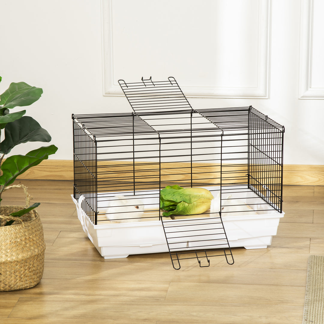 PawHut Indoor Small Animal Cage with Wood Floor, Bunny Guinea Pig House with Removable Tray, 61.5 x 38 x 40 cm, White