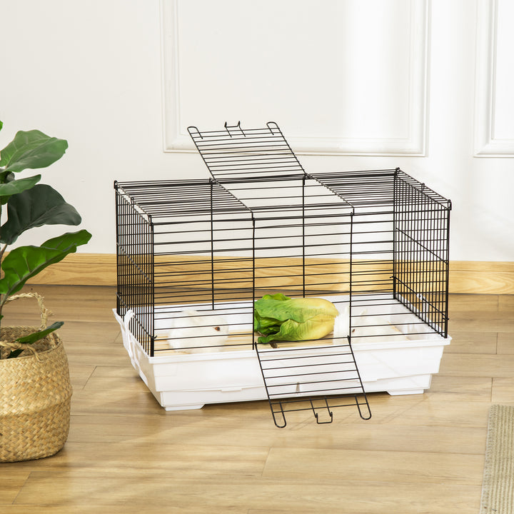 PawHut Indoor Small Animal Cage with Wood Floor, Bunny Guinea Pig House with Removable Tray, 61.5 x 38 x 40 cm, White