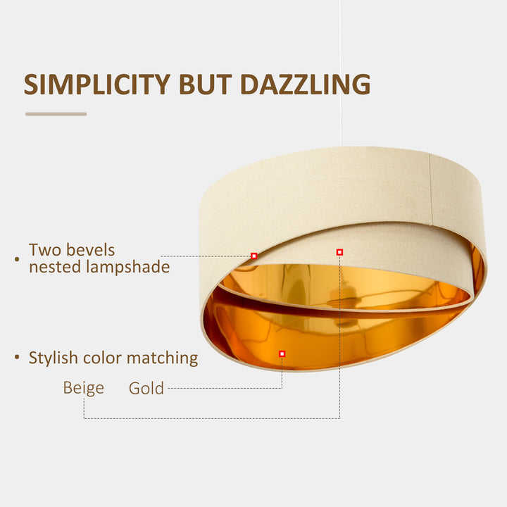 Modern Pendant Light with Adjustable Hanging Chain and Two Bevel Nested Lampshade, Metal Chandelier for Living Room, Bedroom, Beige and Gold