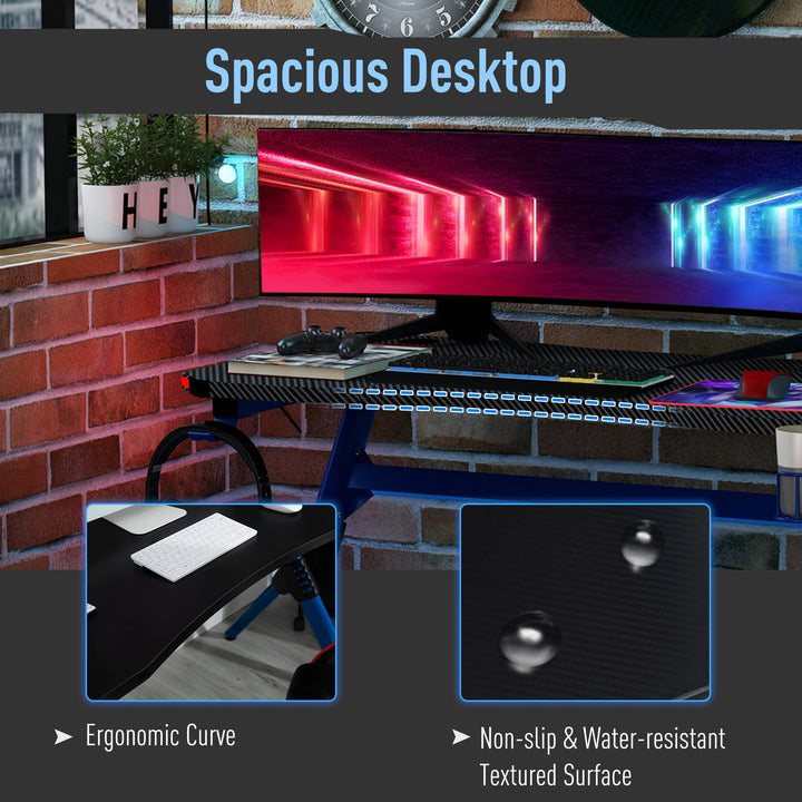 Gaming Desk with RGB LED Lights Racing Style Gaming Table with Cup Holder, Cable Management, Blue