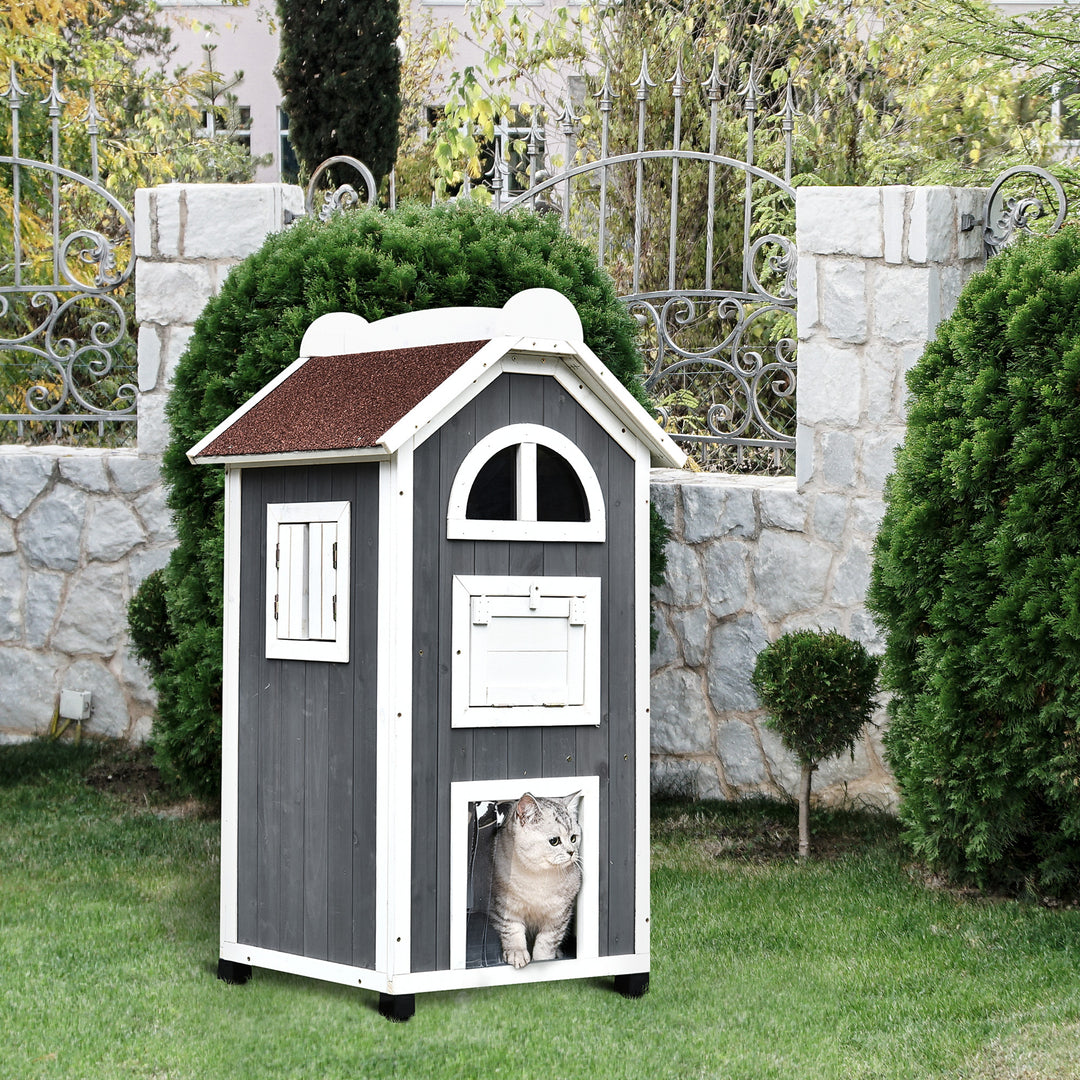 PawHut Wooden Cat House, Weatherproof Pet Shelter, Outdoor Cat Condos Cave, 2 Floor Furniture, Grey and White