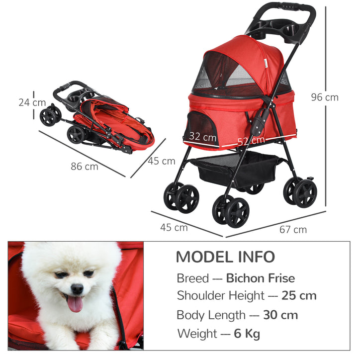 PawHut Pet Stroller No-Zip Dog Cat Travel Pushchair Fold Trolley Jogger with EVA Wheels Brake Basket Adjustable Canopy Safety Leash Red