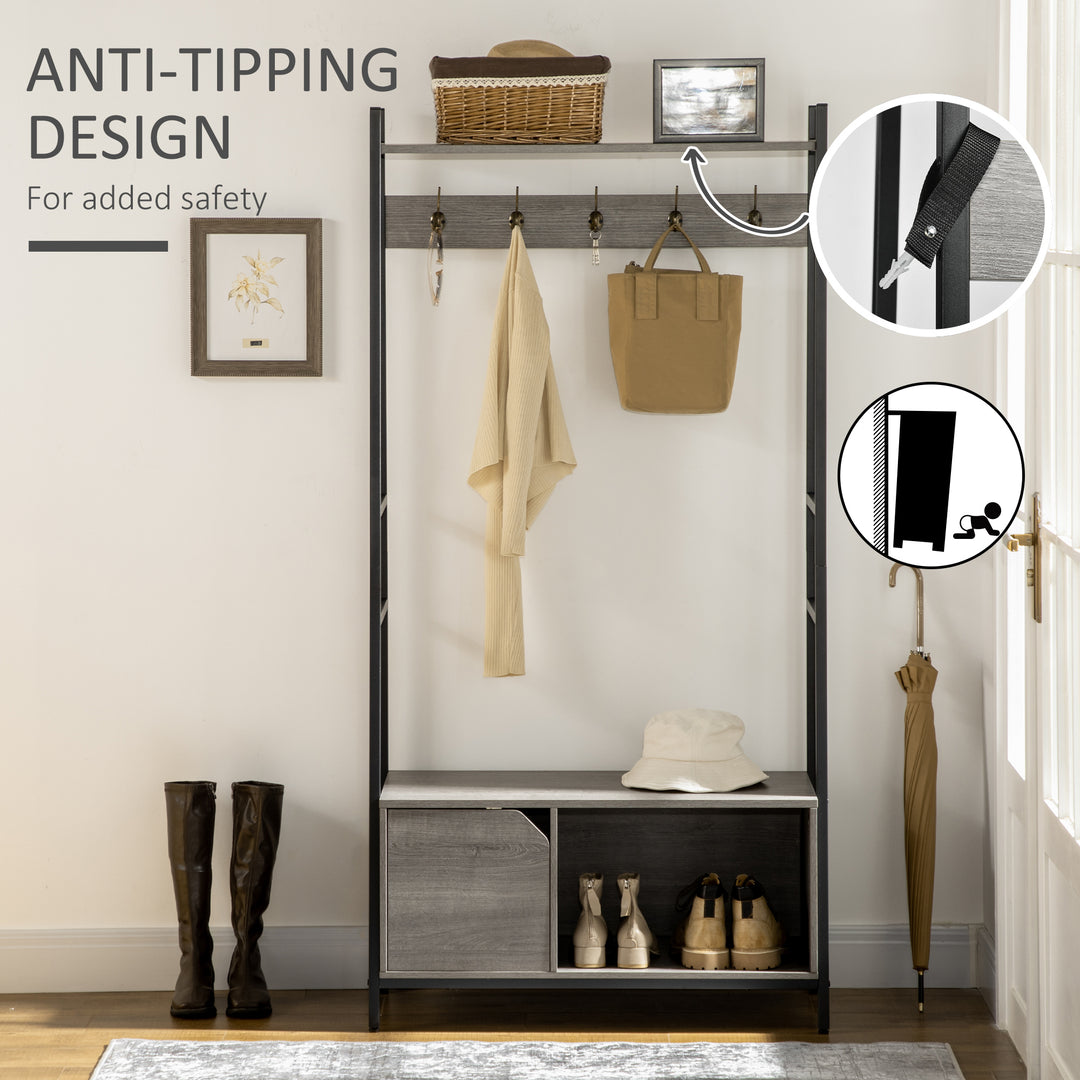 Coat Rack Stand, Shoe Bench with 5 Hooks and Storage Cabinet, Freestanding Metal Frame Hall Tree for Hallway, Grey