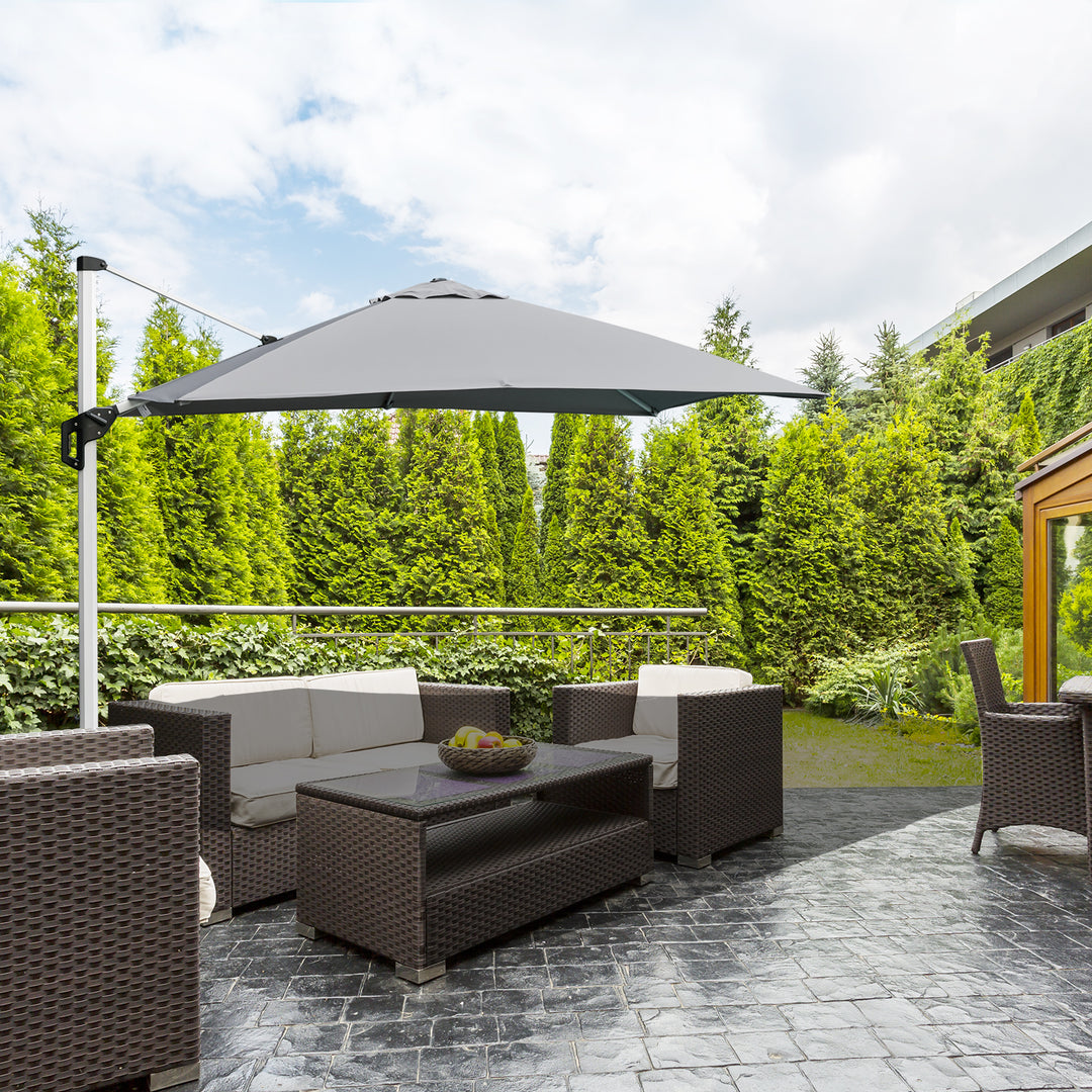 3 x 3(m) Square Cantilever Roma Parasol Garden Sun Umbrella Canopy Sun Shade Aluminium 360° Rotating &amp; Cross Base, Light Grey Outdoor
