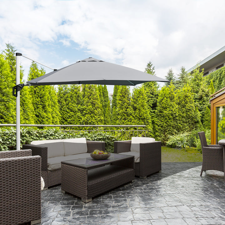 3 x 3(m) Square Cantilever Roma Parasol Garden Sun Umbrella Canopy Sun Shade Aluminium 360° Rotating &amp; Cross Base, Light Grey Outdoor