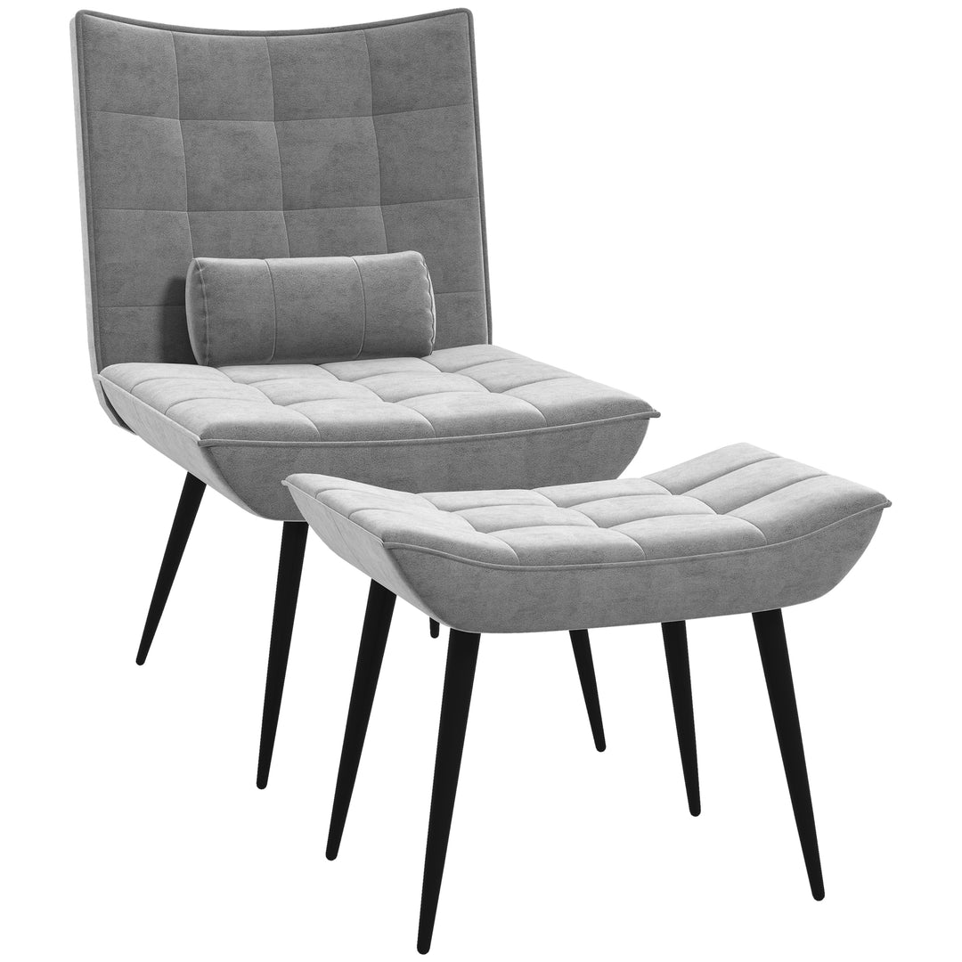 Accent Chair with Footstool Set, Modern Tufted Upholstered Lounge Chair with Pillow and Steel Legs for Living Room, Bedroom, Home Study, Grey