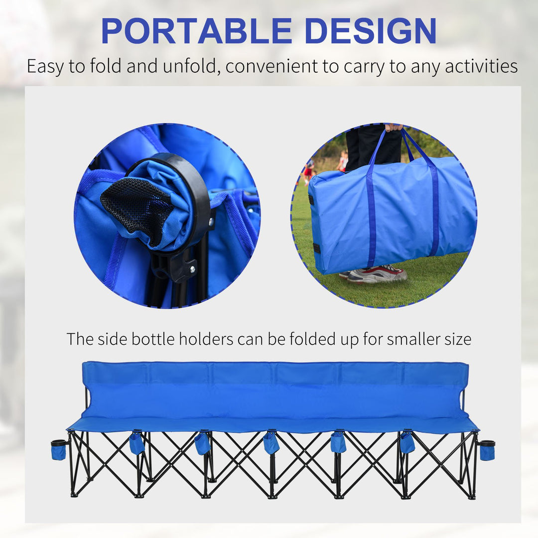 6 Seater Folding Sports Bench Outdoor Picnic Camping Portable Spectator Chair Steel Frame w/ Cup Holder & Carry Bag - Blue