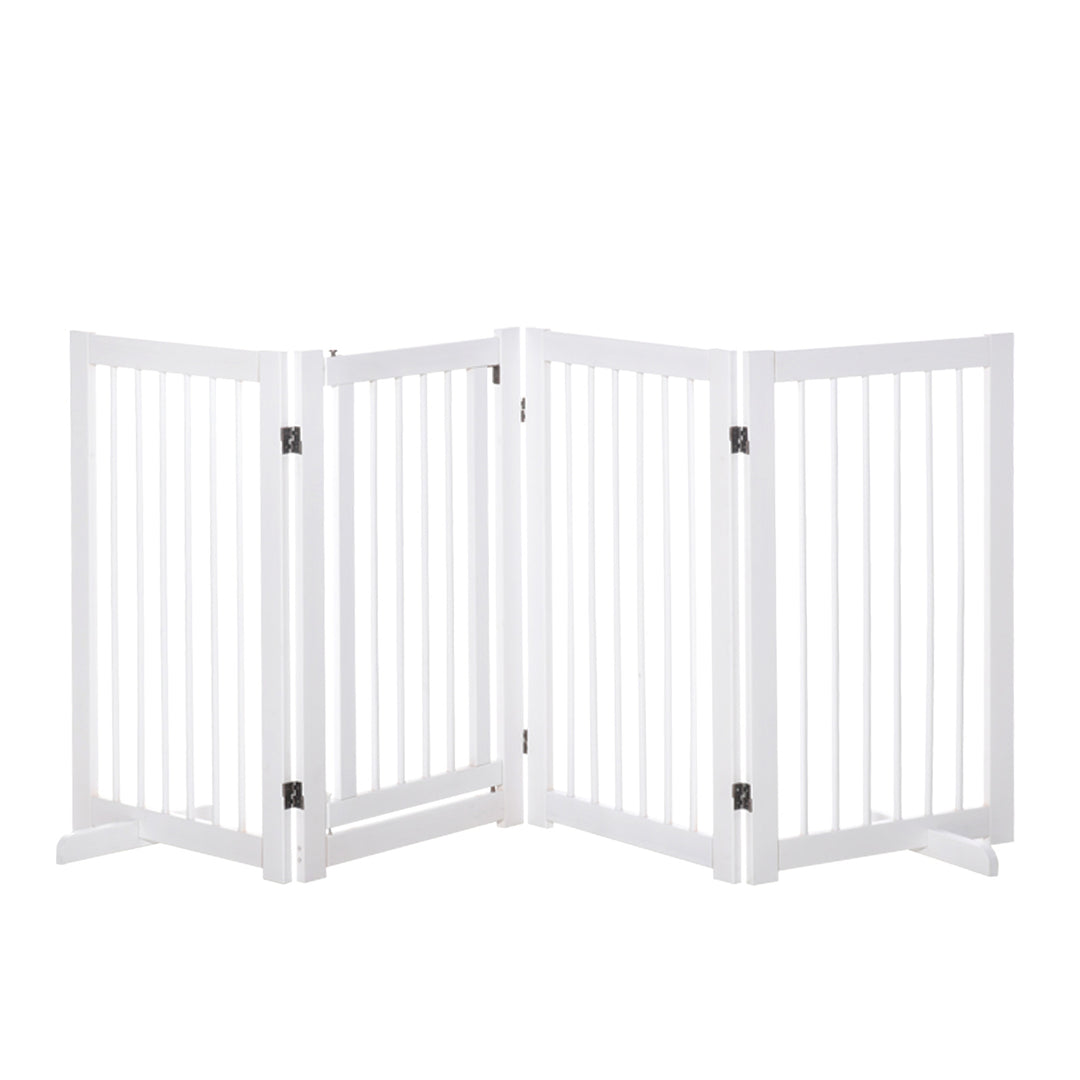 PawHut Wooden Freestanding Pet Gate 4 Panels 91cm Foldable Dog Safety Fence with 2 Support Feet Walk-through Door for Doorway Stairs White