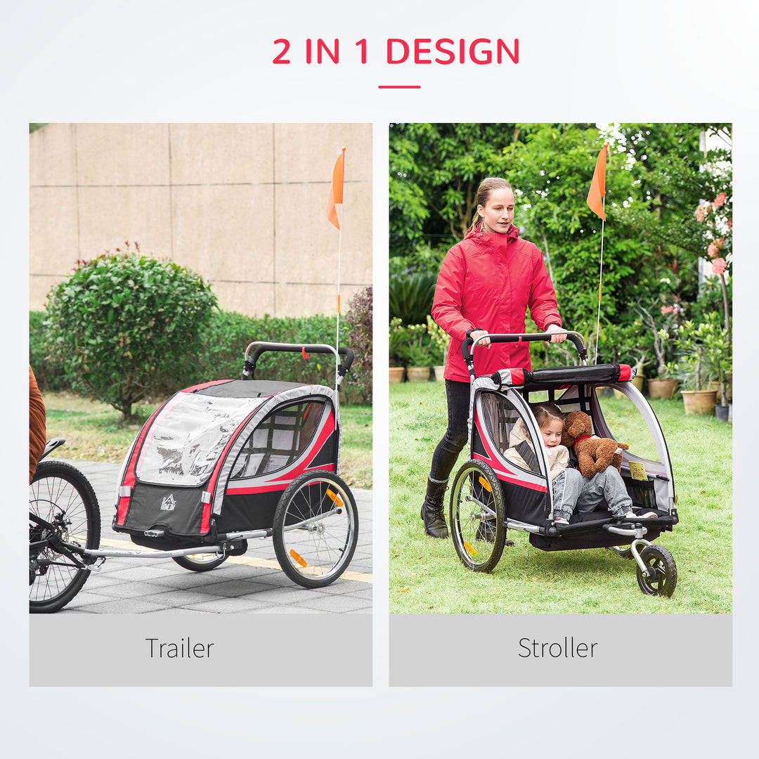 Child Bike Trailer 2 In 1 Baby Stroller 2-Seater Transport Carrier with Brake, 5 Point Harness, Storage Bag, Reflector, Flag, Red