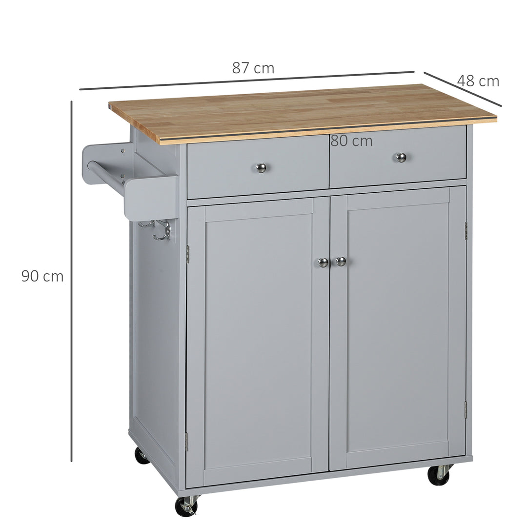 Rolling Kitchen Island on Wheels, Utility Serving Cart with Rubber Wood Top, Towel Rack, Hooks and Storage Drawers, Grey