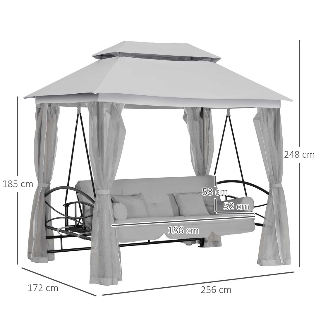 Outsunny 2-in-1 Convertible Swing Chair Bed 3 Seater Hammock Gazebo Patio Bench Cushioned Seat Mesh Curtains - Grey