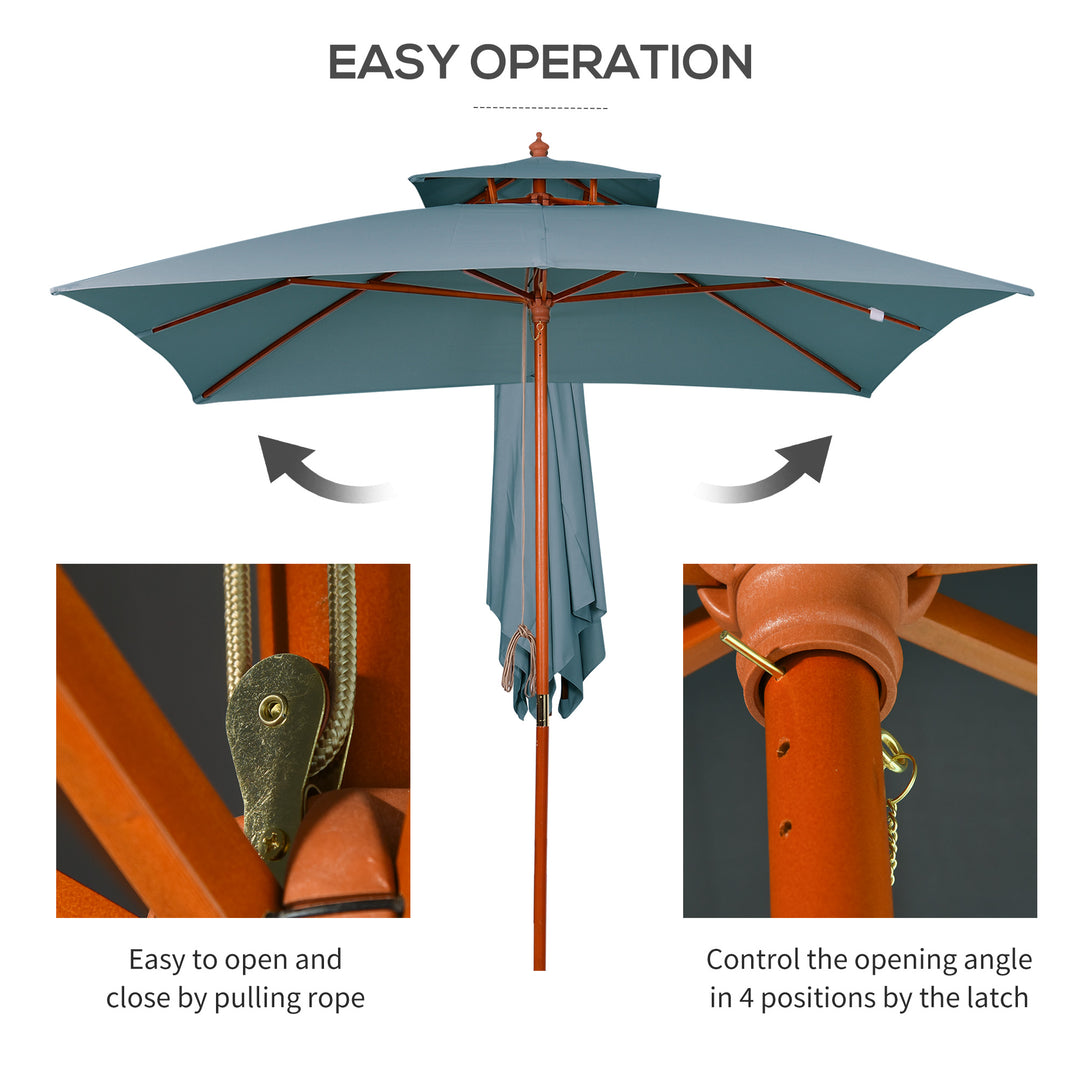 Outsunny 3x3(m) Wood Square Patio Umbrella Garden Market Parasol Sunshade Canopy with 2 Pulley Pagoda Style Dark Grey