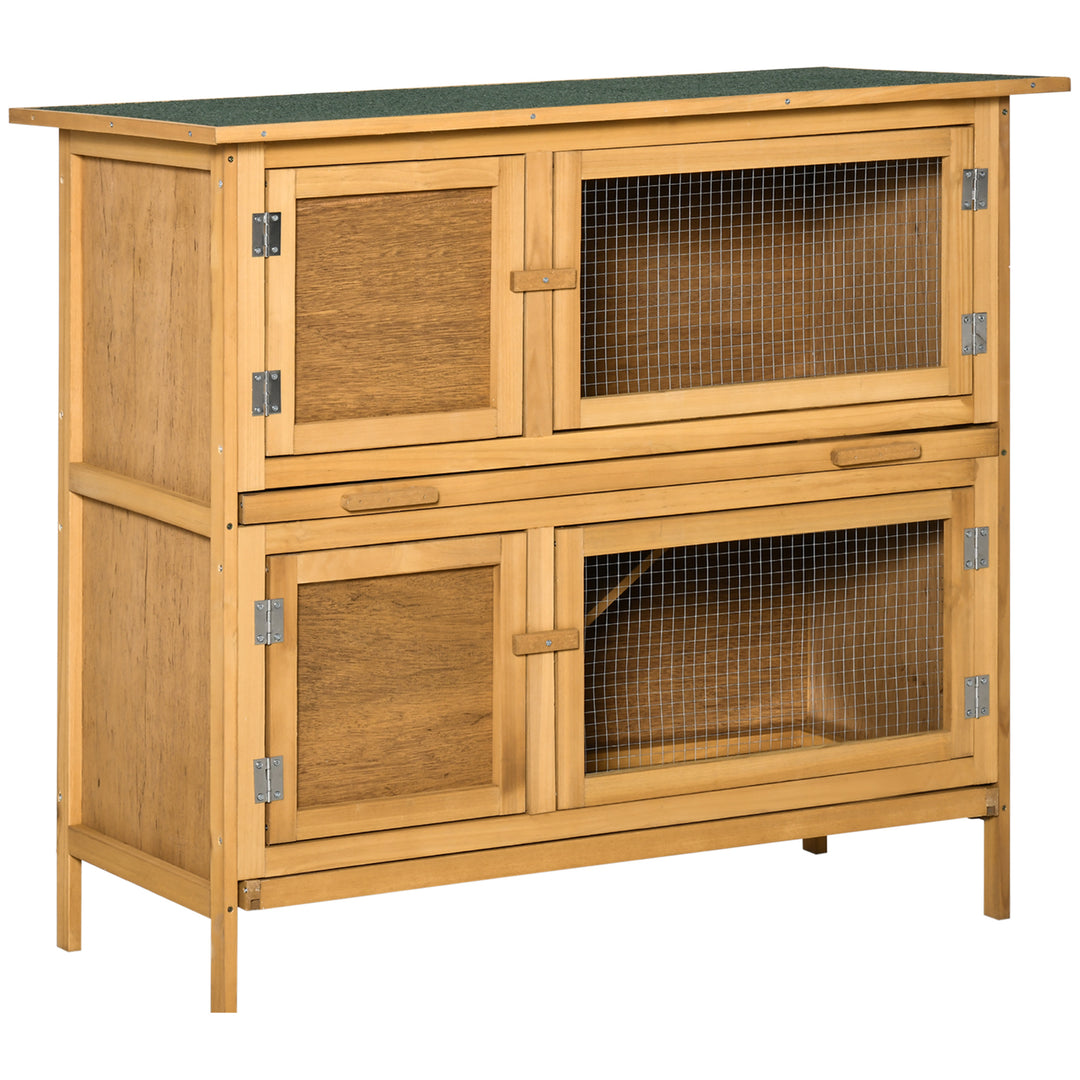 Double Decker Rabbit Hutch 2-Tier Guinea Pig House Pet Cage Outdoor with Sliding-out Tray Asphalt Roof Ramp, 100x47x91cm, Yellow