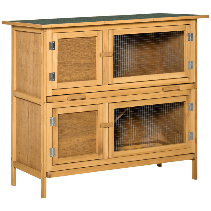 Double Decker Rabbit Hutch 2-Tier Guinea Pig House Pet Cage Outdoor with Sliding-out Tray Asphalt Roof Ramp, 100x47x91cm, Yellow