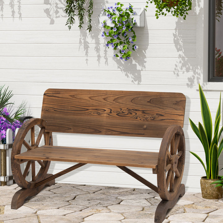 Wooden Cart Wagon Wheel 2 Seater Garden Bench Outdoor Chair Rustic High Back Loveseat Burnt Stained