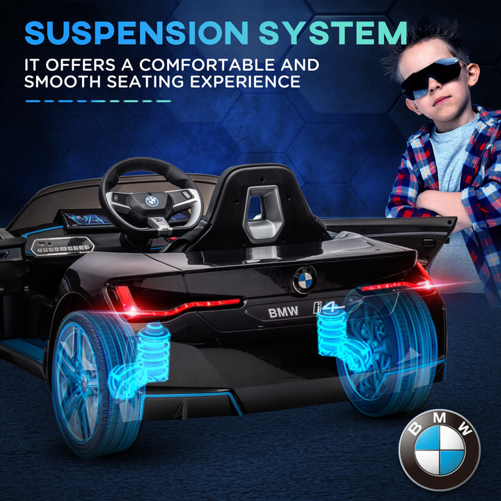 BMW i4 Licensed 12V Kids Electric Ride on Car with Remote Control, Powered Electric Car with Portable Battery, Music, Horn, Headlights, MP3 Slot, Suspension Wheels, for Ages 3-6 Years - Black