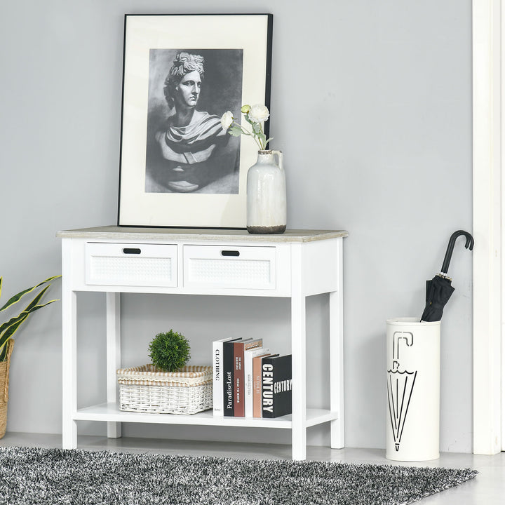 Console Table with 2 Drawers and Storage Shelf, Vintage Distressed Sofa Table for Hallway, Living Room, Bedroom, White