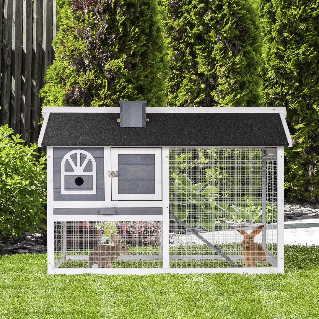 PawHut Guinea Pigs Hutches Wood Bunny Cage for Outdoor Indoor with Pull Out Tray Run Box Ramp Asphalt Roof for Small Animals Grey