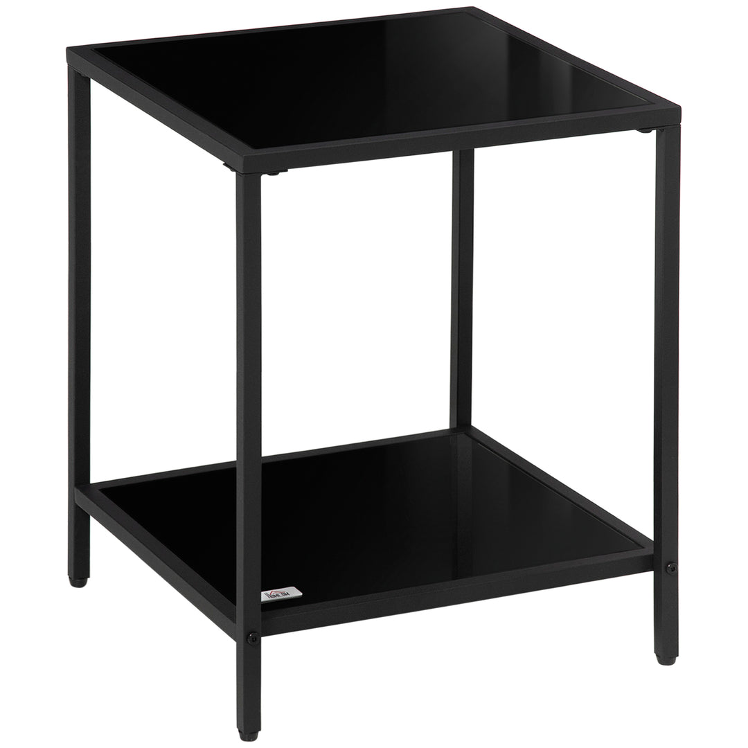 Side Table with Tempered Glass Top, End Table with 2-Tier Storage, Classic Accent Table with Steel Frame, Black