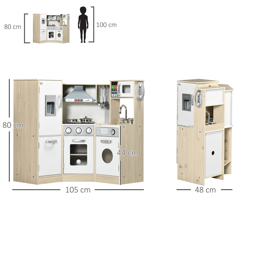 HOMCOM Toy Kitchen for Kids with Role Play Accessories, Wooden Corner Pretend Kitchen with Sound and Light, Phone, Microwave, Refrigerator, Ice Maker