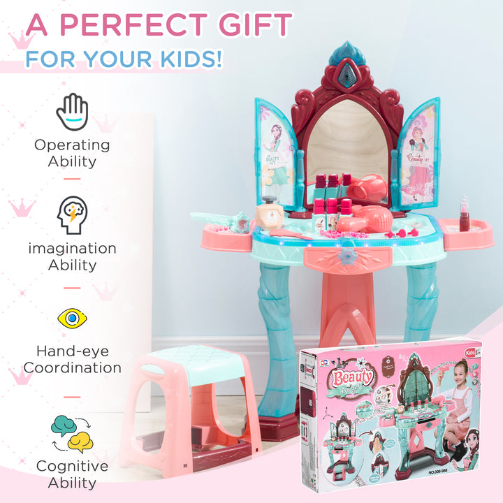 31 PCS Kids Dressing Table Set with Magic Princess Mirror, Musical Pretend Toy W/ Beauty Kit Mirror Light & Music, for 3-6 Years Old Blue+Pink