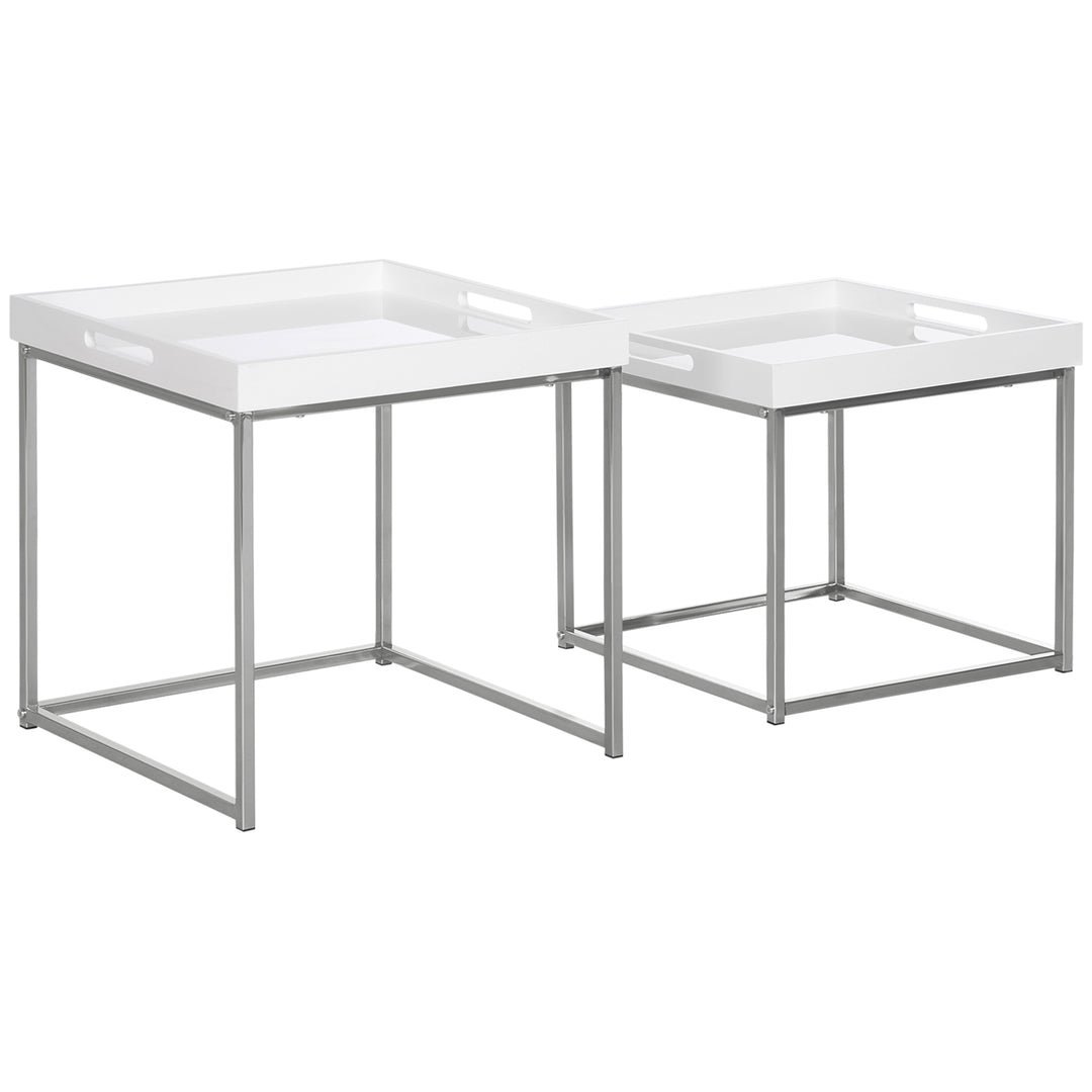 Modern Coffee Table Set of 2, Square Nest of Tables with Steel Frame and High Gloss Effect for Living Room, White