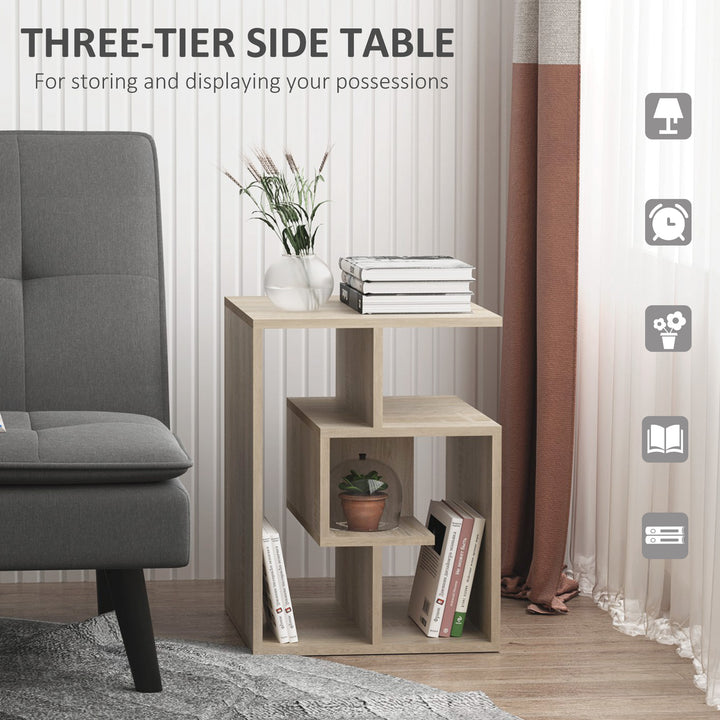 Side Table, 3 Tier End Table with Open Storage Shelves, Living Room Coffee Table Organiser Unit, Oak Colour