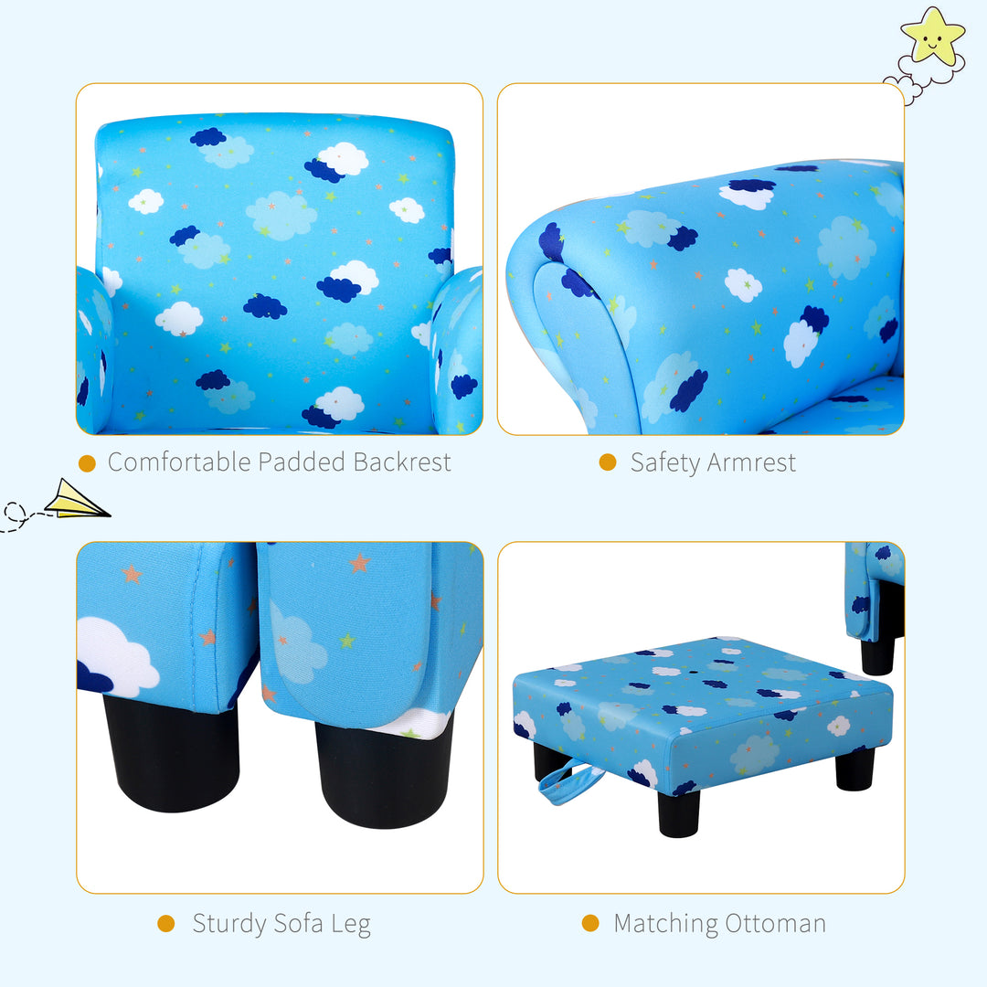 Kids Children Armchair Mini Sofa Wood Frame w/ Footrest Anti-Slip Legs High Back Arms Bedroom Playroom Furniture Cute Cloud Star Blue
