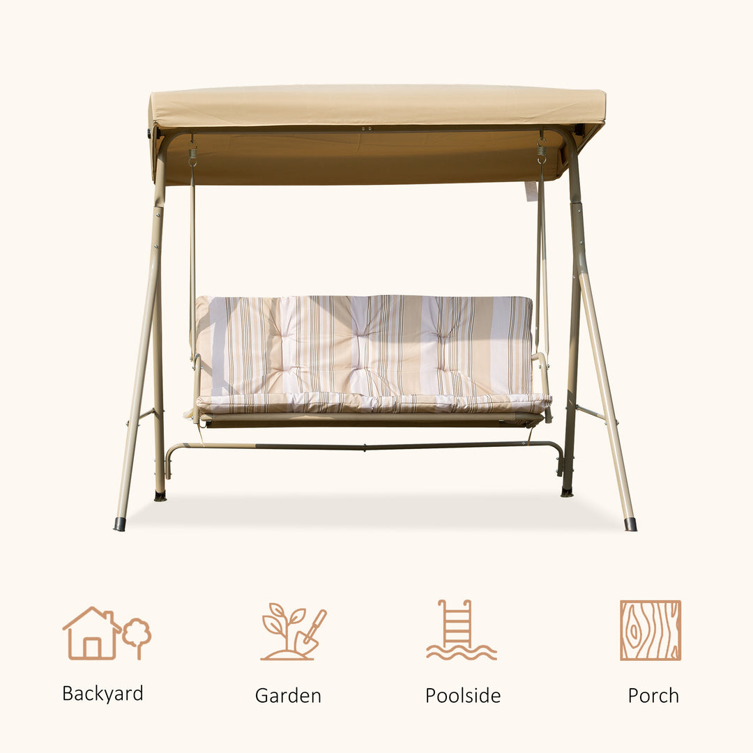 3 Seater Garden Swing Chair Patio Rocking Bench w/ Tilting Canopy, Removable Cushion, Light Brown Top, Brown