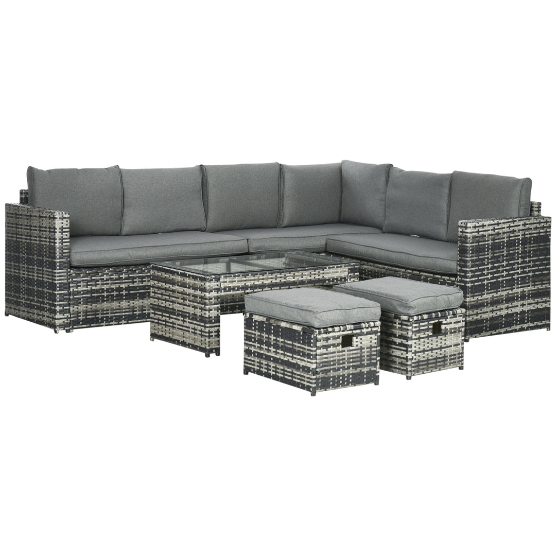 6 Piece Rattan Garden Furniture Set, 8-Seater Outdoor Sofa Sectional with 3 Cushioned Loveseat 2 Footstools Table, Grey