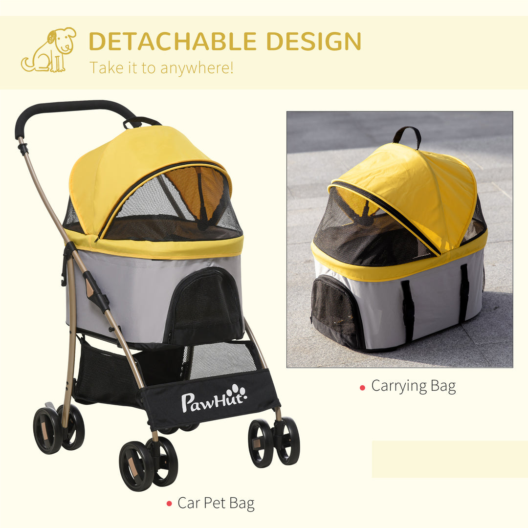 PawHut Detachable Pet Stroller with Rain Cover, 3 In 1 Cat Dog Pushchair, Foldable Carrying Bag w/ Universal Wheels, Brake, Canopy, Basket
