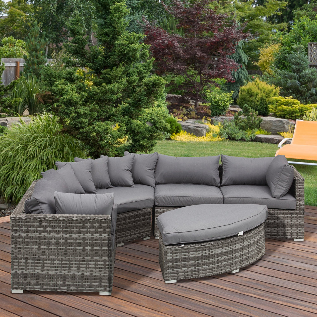 Outsunny 6-Seater Outdoor Rattan Wicker Sofa Set Half Round Patio Conversation Furniture Set w/ Cushions Grey