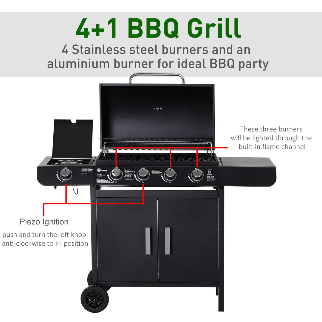 4+1 Gas Burner Grill BBQ Trolley Backyard Garden Smoker Side Burner Barbecue w/ Storage Side Table Wheels