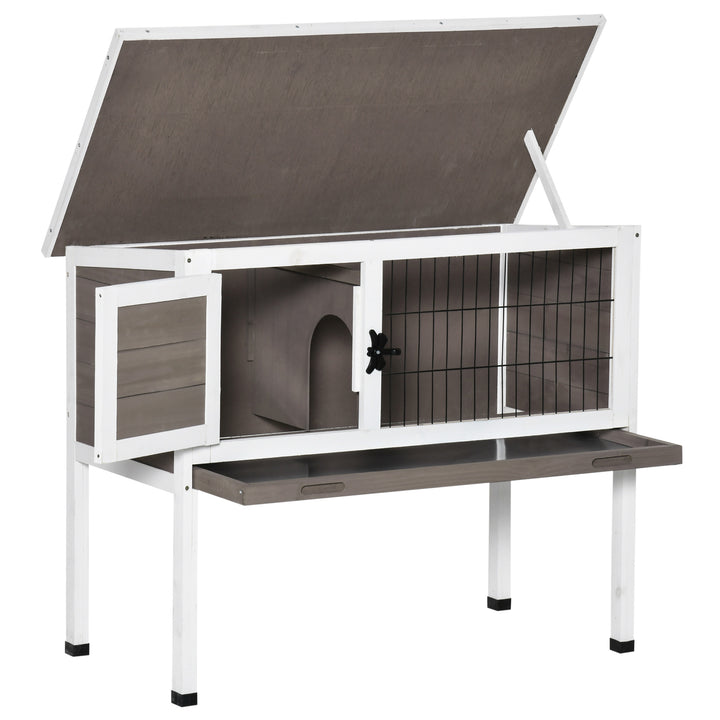 PawHut Elevated Wooden Rabbit Hutch, Indoor/Outdoor Bunny Cage with Hinged Asphalt Roof and Removable Tray for Guinea Pig, Brown