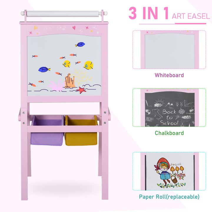 3 In 1 Kids Wooden Art Easel with Paper Roll Double-Sided Chalkboard & Whiteboard with Storage Baskets Gift for Toddler Girl Age 3 Years+ Pink