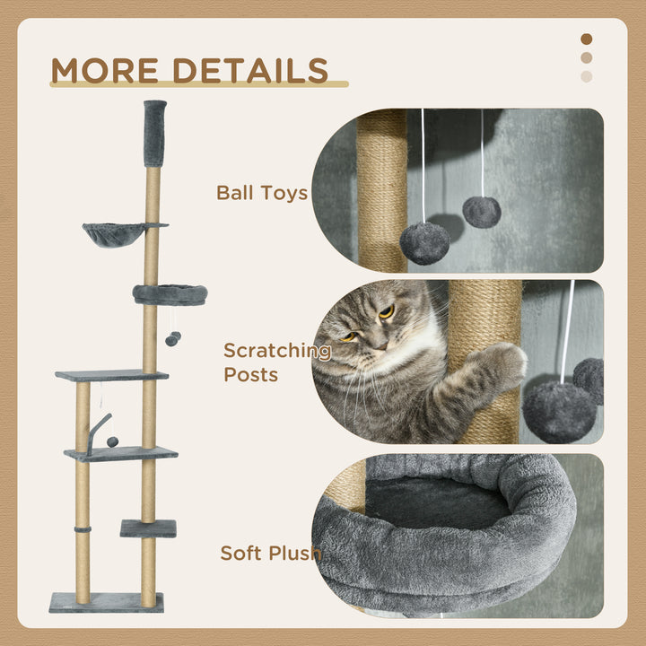 PawHut Floor to Ceiling Cat Tree for Indoor Cats, 6-Tier Play Tower Climbing Activity Center with Scratching Post, Platforms, Bed, Hammock, Adjustable Height 230-250cm, Grey