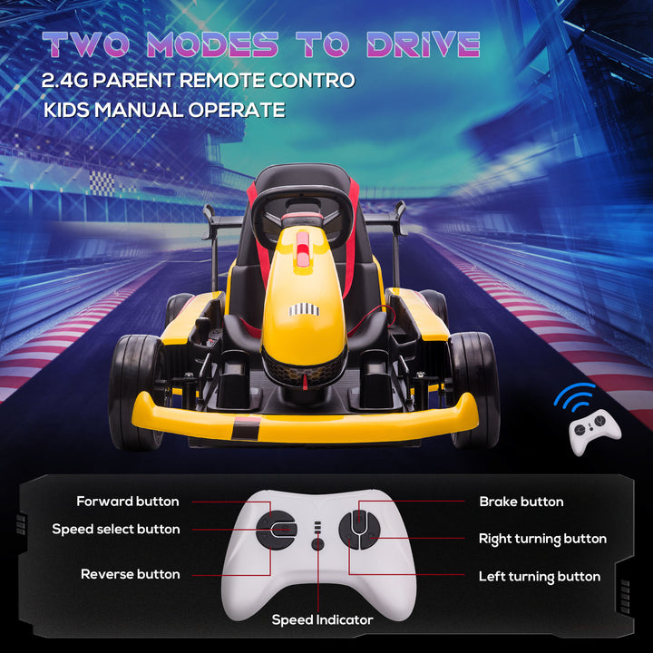 Electric Go Kart with Adjustable Footrest, Reversing Steering Wheel, Kids Ride-On Racing Go Kart with 12V Rechargeable Battery 2 Speeds Yellow
