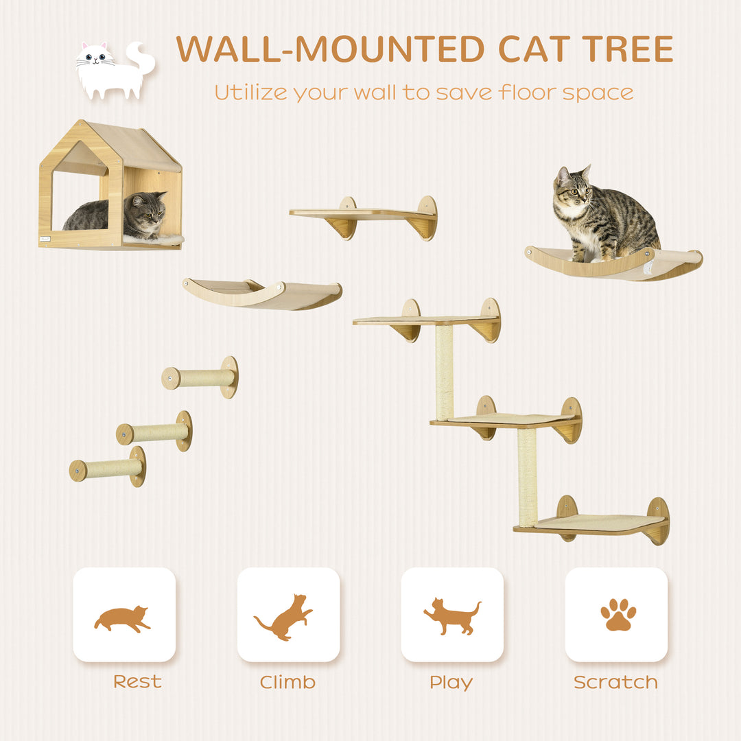 8PCs Cat Shelves Set, Cat Wall Furniture with Condo, 3 Perches, 3 Scratching Posts, Steps, Wall Mounted Cat Tree for Indoor Cats, Beige