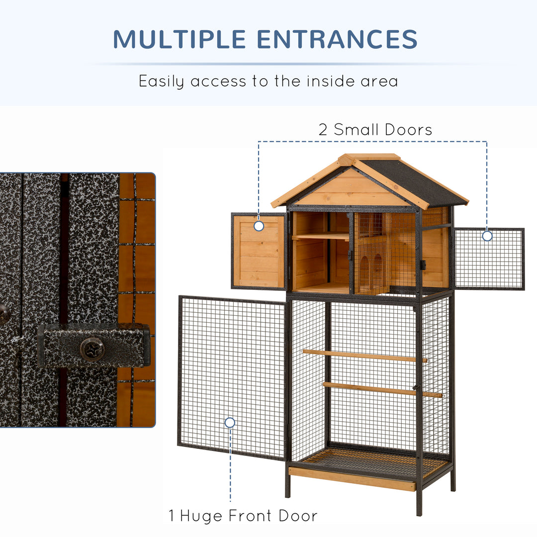 Wood &amp; Steel Bird Cage, with Standing Pole, Nest and Slide-Out Tray - Natural Finish