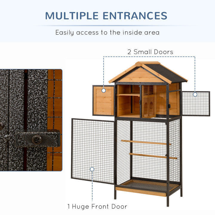 Wood &amp; Steel Bird Cage, with Standing Pole, Nest and Slide-Out Tray - Natural Finish