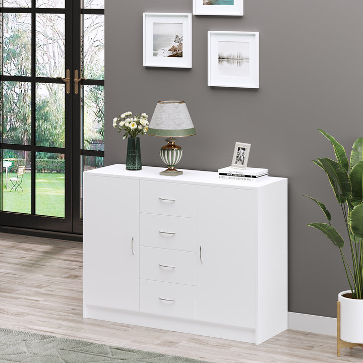 Sideboard, Storage Cabinet with 2 Doors and 4 Drawers, Free Standing Cupboard, Chest Organizer for Kitchen and Living Room, White