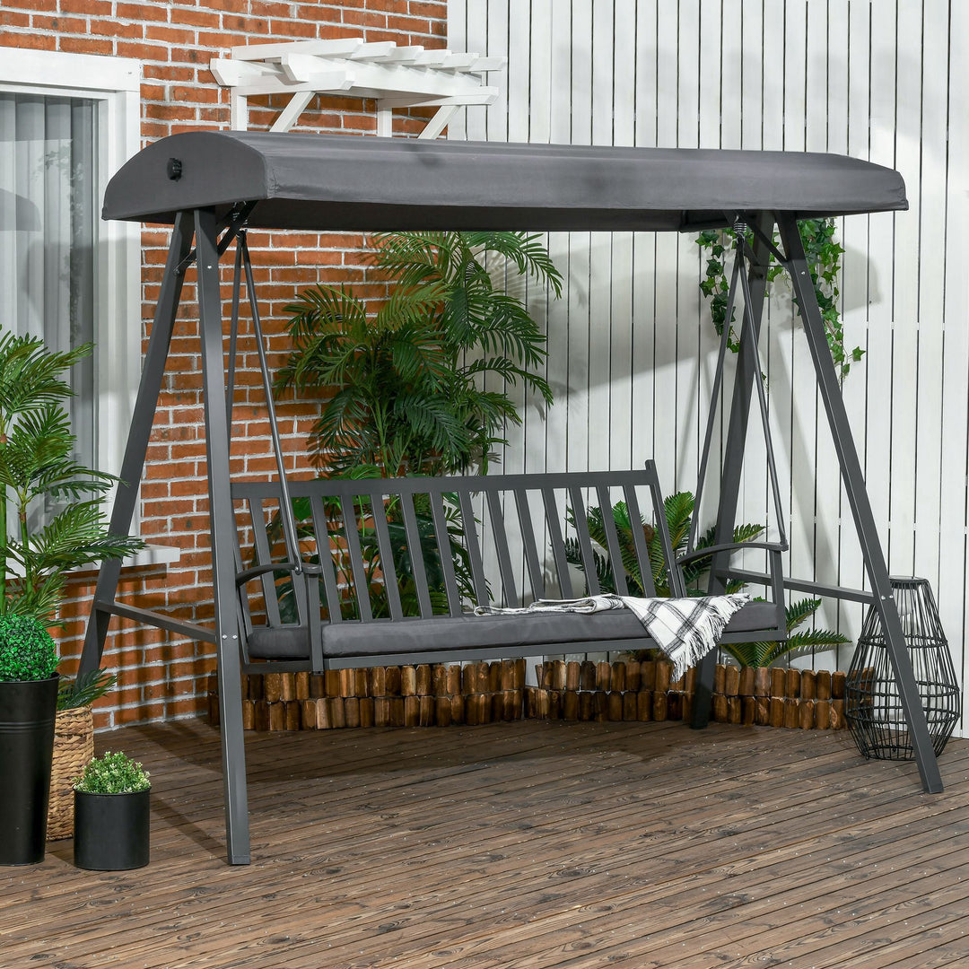 3-Seat Garden Swing Chair, Outdoor Canopy Swing with Removable Cushion, Adjustable Shade, and Slatted Bench, for Porch, Poolside, Dark Grey