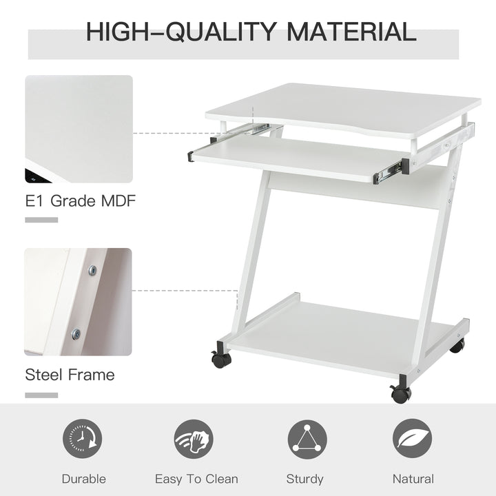 HOMCOM Movable Compact Small Computer PC Desk with 4 Moving Wheels Sliding Keyboard Tray Home Office Gaming Study Workstation White